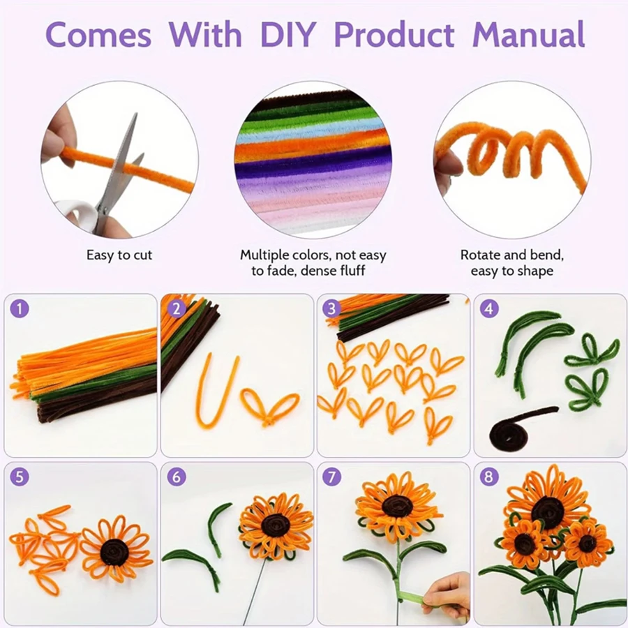 120/240/480pcs Fluffy Chenille Stems, Bendable Pipe Cleaners, DIY Hand‑crafting Material for Flower Making, Art Activity, XJM view 5