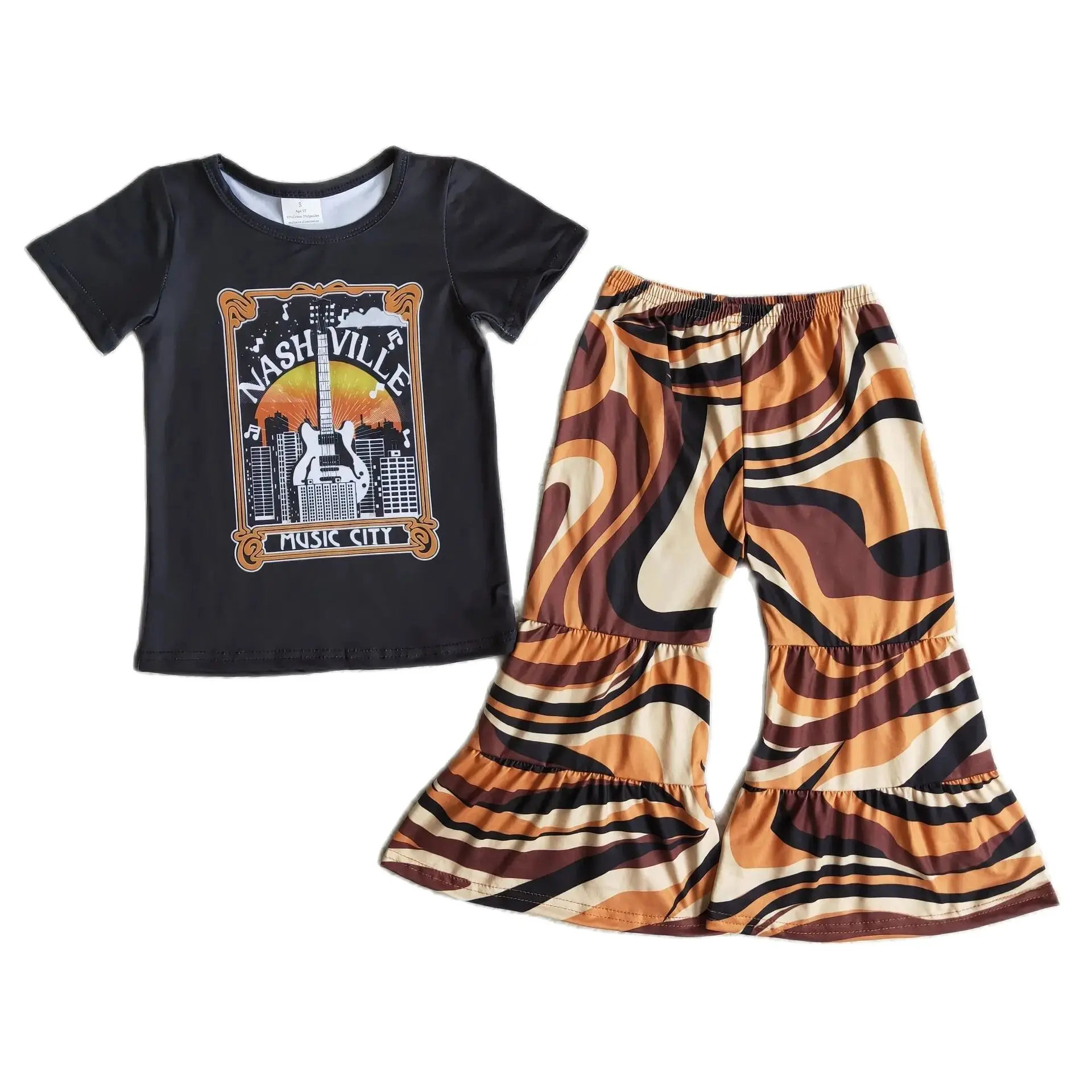 E7-29 Kids Girls Summer Outfit Sets Short Sleeves Top Guitar Print  With  Trousers Children Clothes