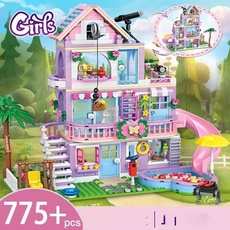 Ville amis fille Villa blocs de construction MOC trois étages bâtiment cocotier toboggan maisons figurines briques jouets pour enfants cadeaux