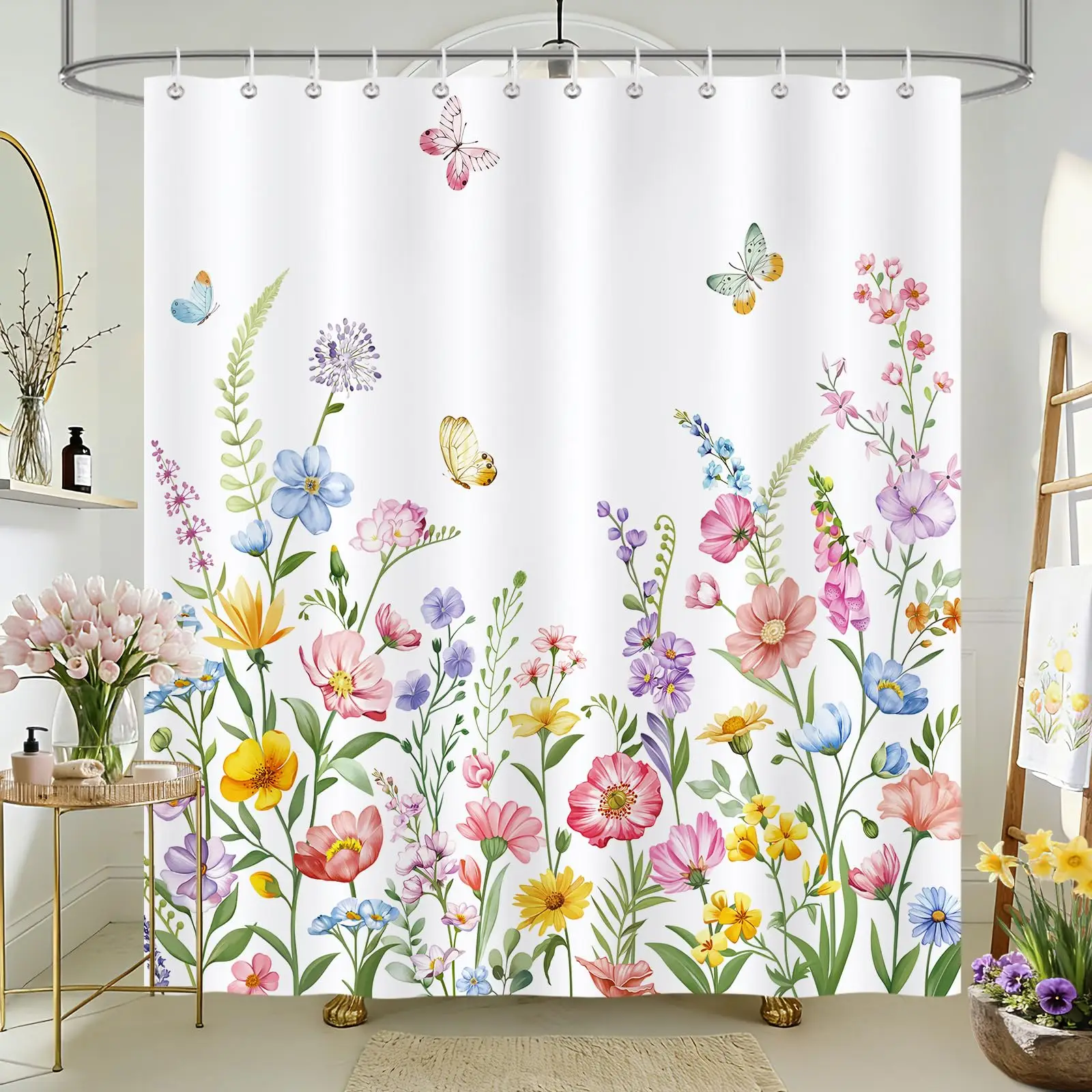 

Farmhouse Rustic Boho Floral Shower Curtain, Colorful Watercolor Wildflower Flower Botanical Bath Curtain, Minimalist Aesthetic