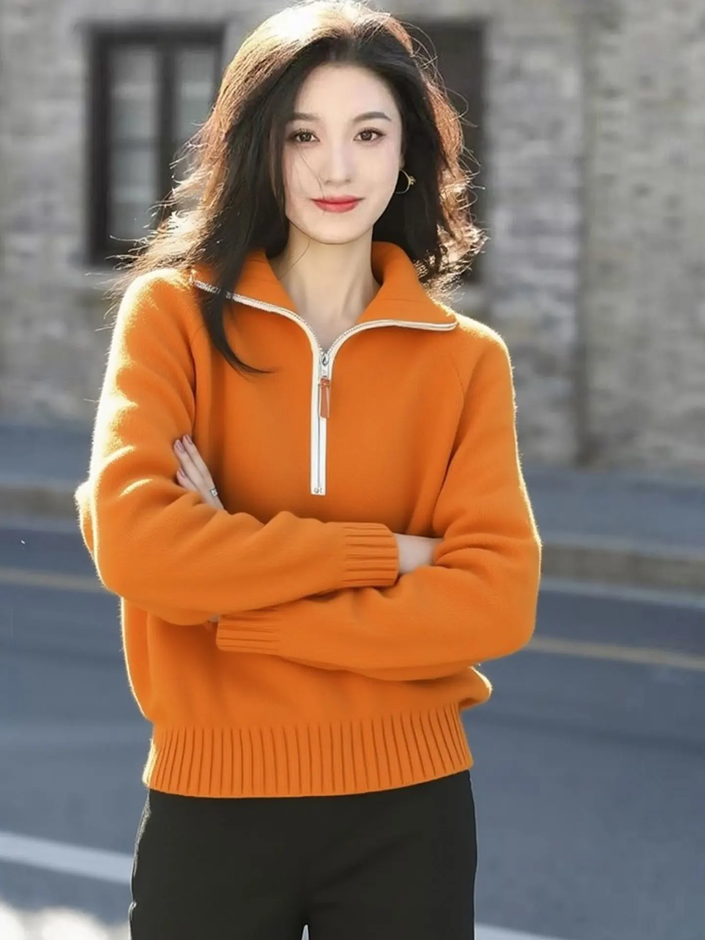 

Ele Loose Knitted Long Sve f Zipper Women's Top Faionable Commute Winter 2025 Warm Cozy Chic Sweater