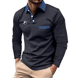 Men Clothes Spring Autumn Long Sleeve Sport Lapel Polo Shirt Men Business Casual Big Pocket Stitching Print Polyester Tops
