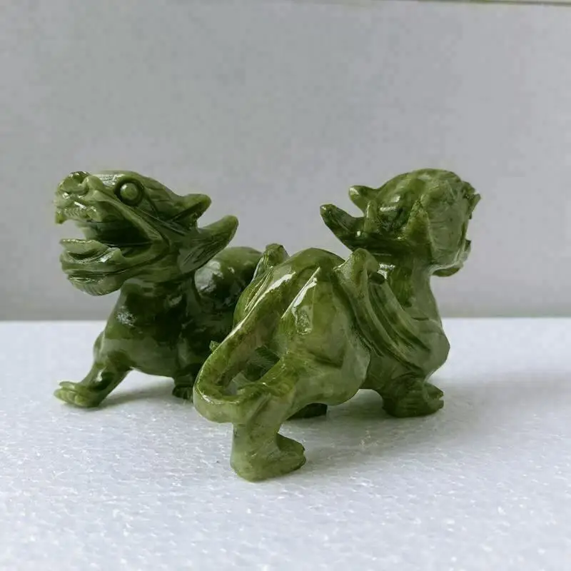 

A pair of 100% / Chinese Natural green Jade Dragon Pixiu Statue Pair