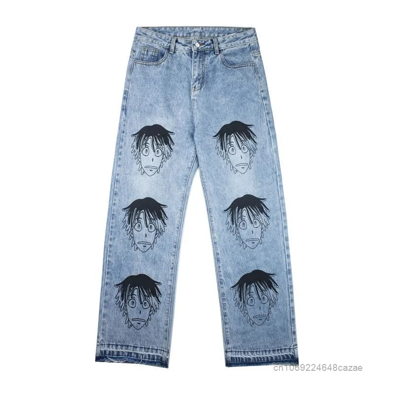 Pantalones vaqueros con estampado de Anime para hombre y mujer, Jeans de moda coreana, ropa de calle, pantalones vaqueros sueltos de Hip Hop, Pantalones rectos Vintage Harajuku, nuevo