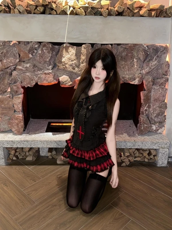 Gothic Sle loween Outfit Cross Svel Top And Puffy Cake Skirt Two Piece Set ort Length Buttoning Adult Women's Fa...