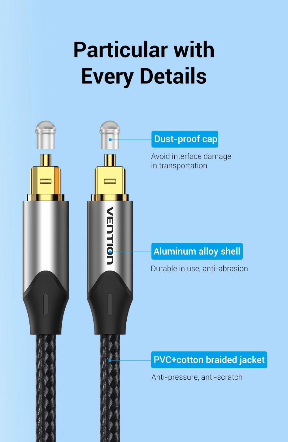 Vention Digitales Glasfaserkabel Toslink SPDIF Koaxialkabel für Verstärker Player Xbox PS5 Soundbar Kabel Optisches Audiokabel – Detail 10