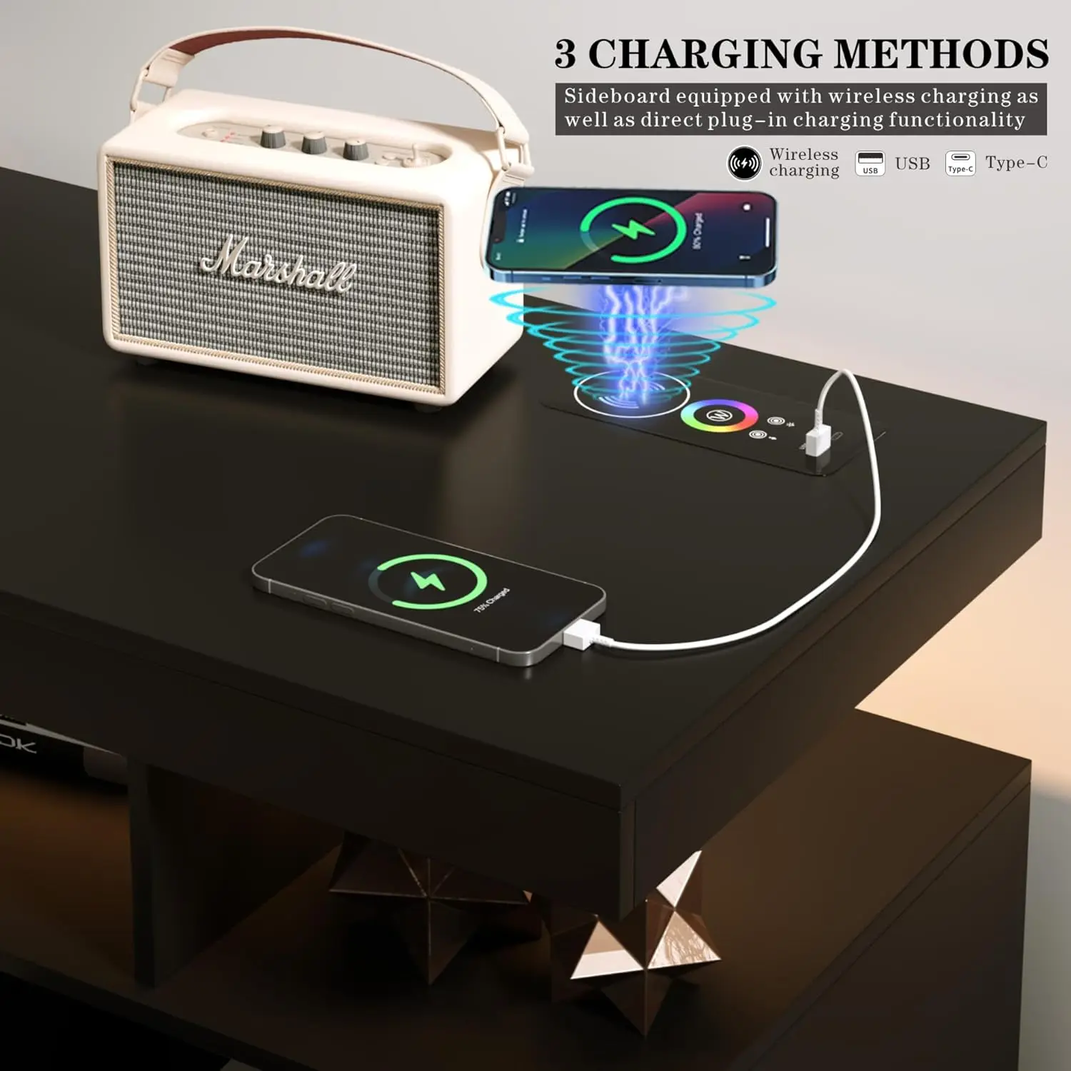 خزانة بوفيه مع مساحة تخزين، طاولة بار قهوة حديثة مع 3 أدراج وبابين للمطبخ، مصابيح LED بـ 20 لونًا، خزانة جانبية