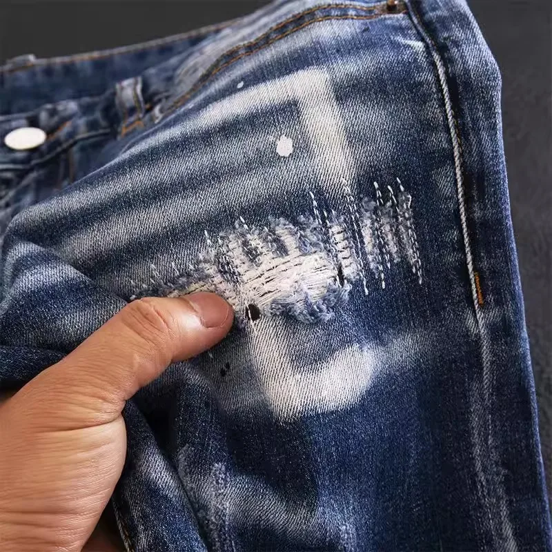 High Street Fashion celana jin biru dicuci pria Jeans elastis Retro Slim Fit pria celana Jeans desainer Retro celana pensil Hombre