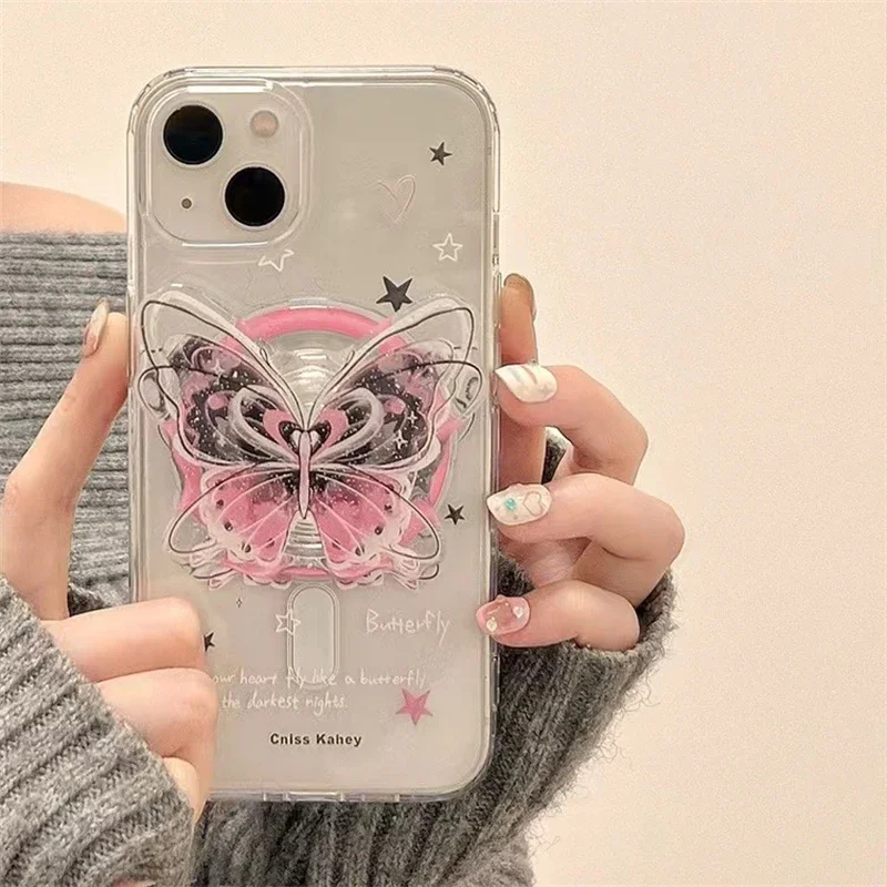 Korean Style Pink Butterfly Magsafe Magnetic Phone Stand GripTok Bracket for iPhone 17 16 15 14 13 Series Mobile Accessories