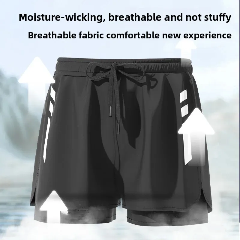 ملابس سباحة رجالية بطبقة مزدوجة سريعة الجفاف ومريحة بخمسة أجزاء فضفاضة كبيرة الحجم للسباحة والجري والربيع الساخن ملابس بحر سوداء