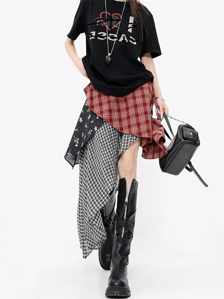RORORIRI American Vintage Skirts Plaid Irregular Patchwork Zipper High Waist Skirt Y2k Harajuku Streetwear Midi Length A Line