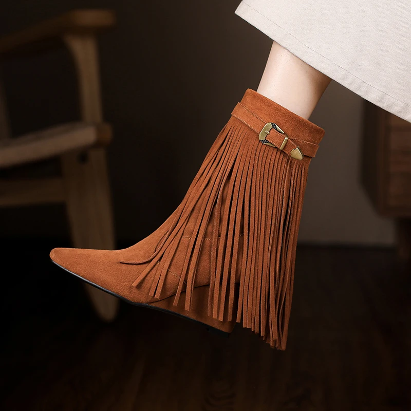 British Retro Fringed Belt Buckle Western Boots Pointed Toe Heel Raised Zipper Knight Boots Sexy Women's Boots Medium Boots