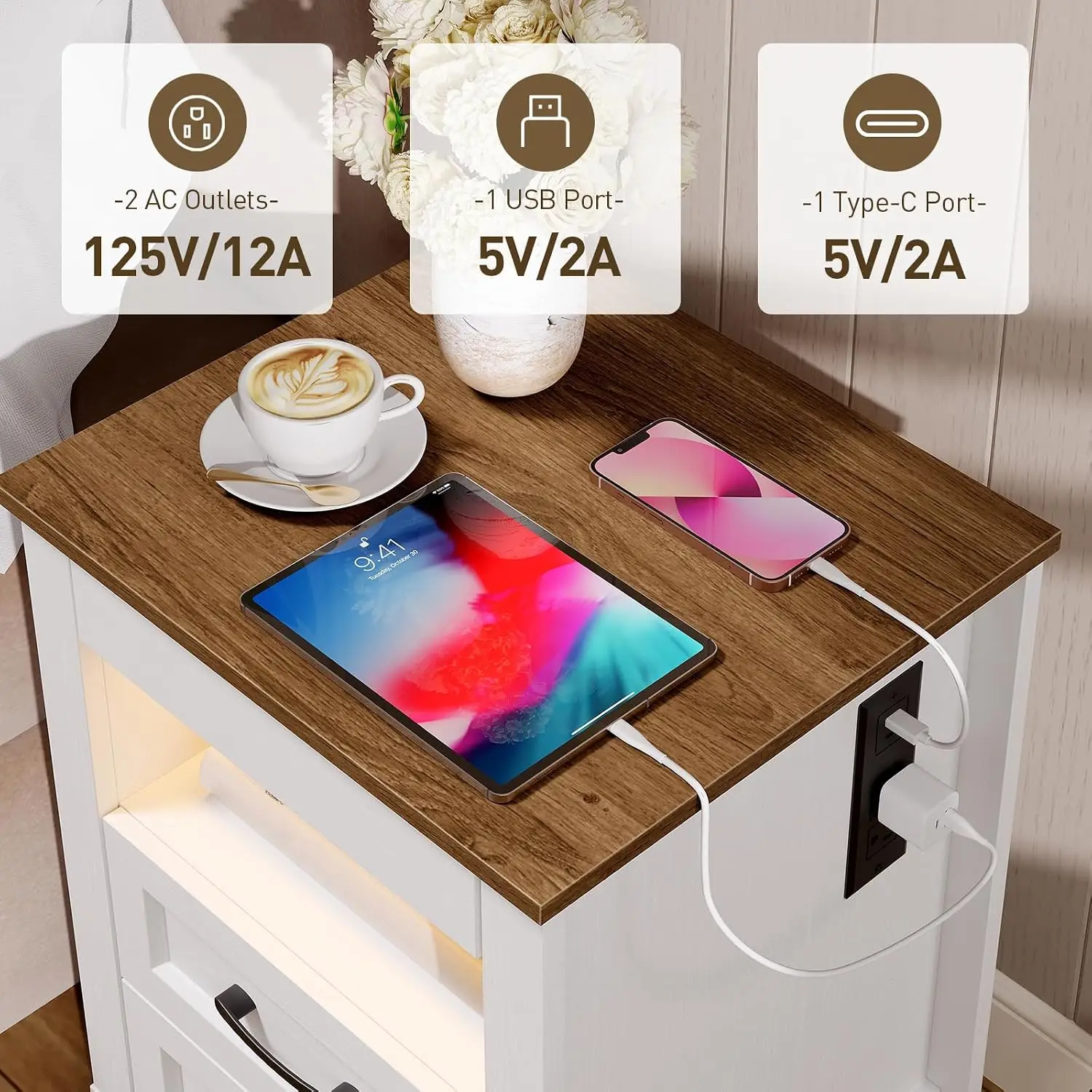 Farmhouse Nightstand Gun Drawer Charging Station LED Bedside Table 3 Drawers End Table  Customized