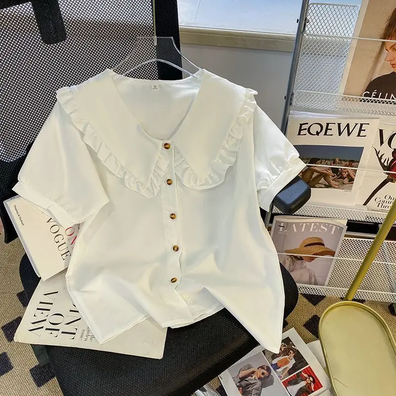 

Short Sleeve Shirts Womens Modal Pintuck Balloon Tunic Light Luxury Modern Urban Artistic Student Youthful Elegant