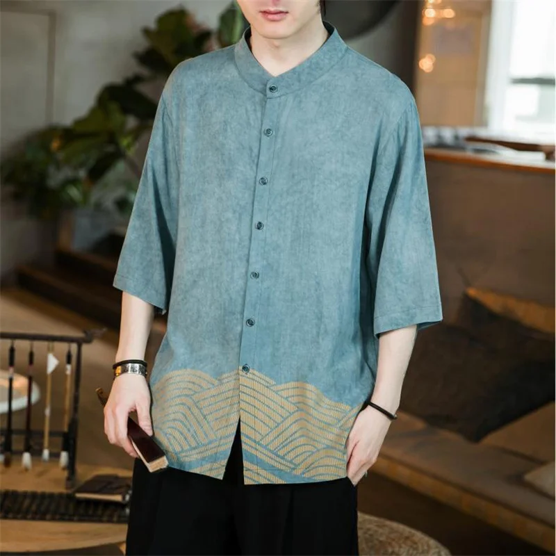 Y2K Summer Shirt Man 2024New Chinoiserie Single-Breasted Stand-Up Collar Men's Clothing Blouse Fashion Printing Loose Top Hombre