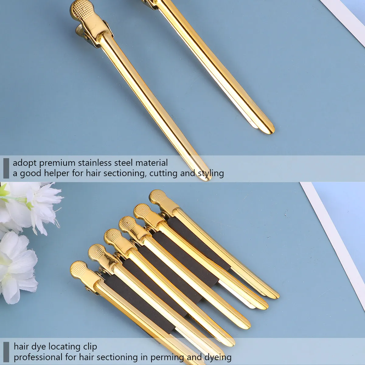 

Набор из 6 прочных металлических заколок для парикмахерских работ, для укладки волос в салоне, дома, для самостоятельного использования, для разделения волос при химической завивке и окрашивании, золотистый