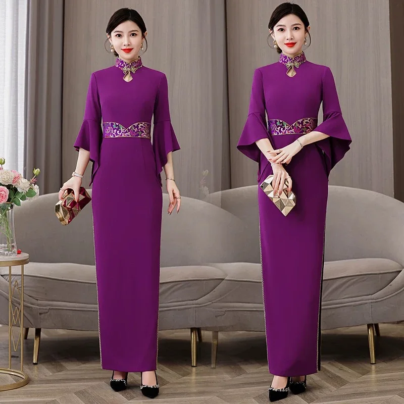 

Женское Вьетнамское платье Aodai Cheongsam с восточным цветком, вечернее длинное платье, элегантные костюмы для танцевальных выступлений