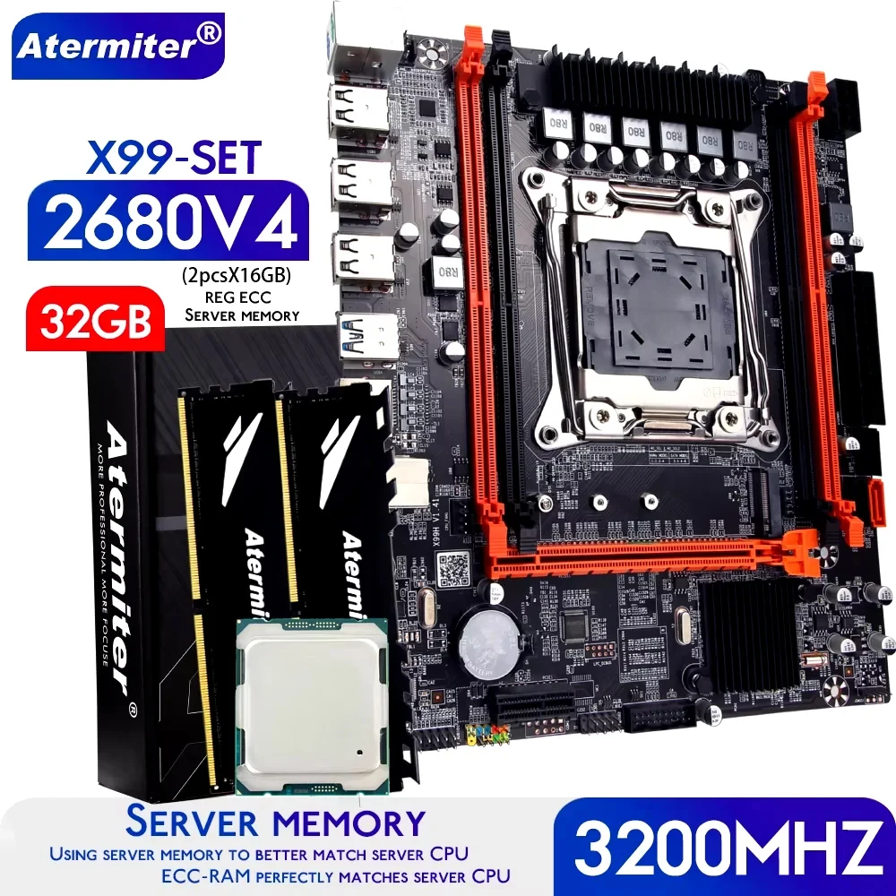 Atermiter X99 Motherboard LGA2011-3 Set Kit Xeon E5 2680 V4 CPU 2680v4 Processor 32G (2pcsx16G) DDR4 REG ECC RAM Memory NAME M.2