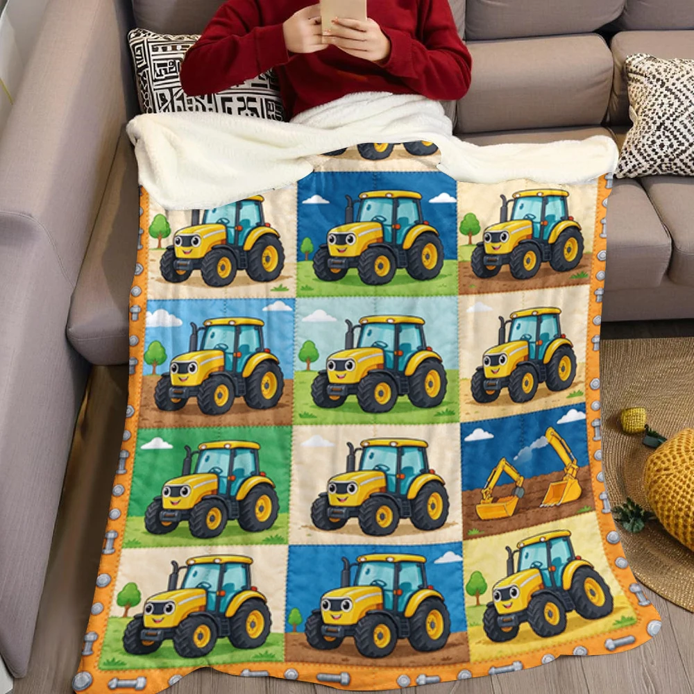Yellow Tractor Big Bolt Grid Flannel Blanket Perfect for Sofa Office Bed Travel Sleep Read Relax Camping Four Season Use
