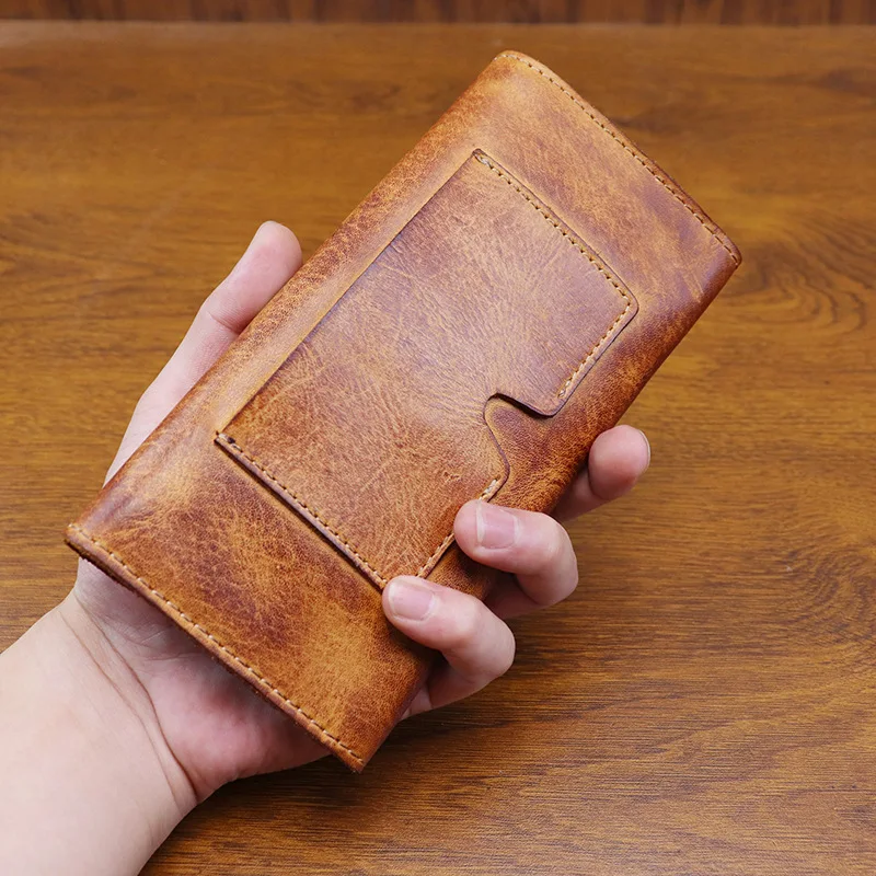 Hand Distressed Vegetable Tanned Leather Men's Long Wallet Large Capacity Clasp Closure Phone Clutch Bag for Women 100% Leather