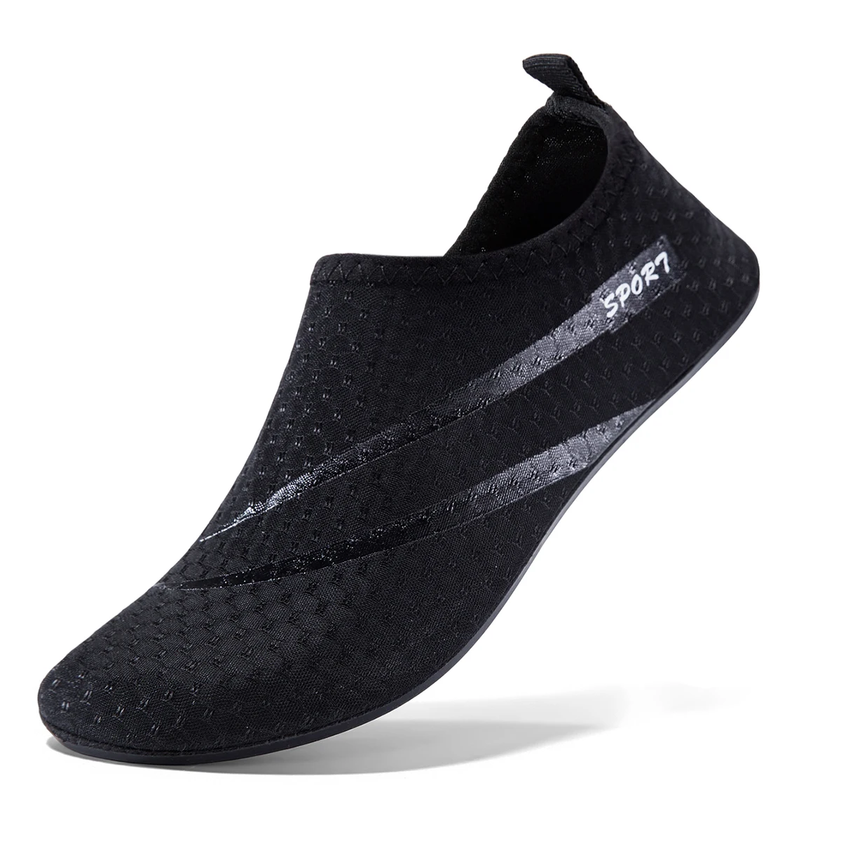 

Quick-drying fabric, dries fast after water activities, no stuffy feet. Elastic sock-style shoe opening blocks sand and silt eff