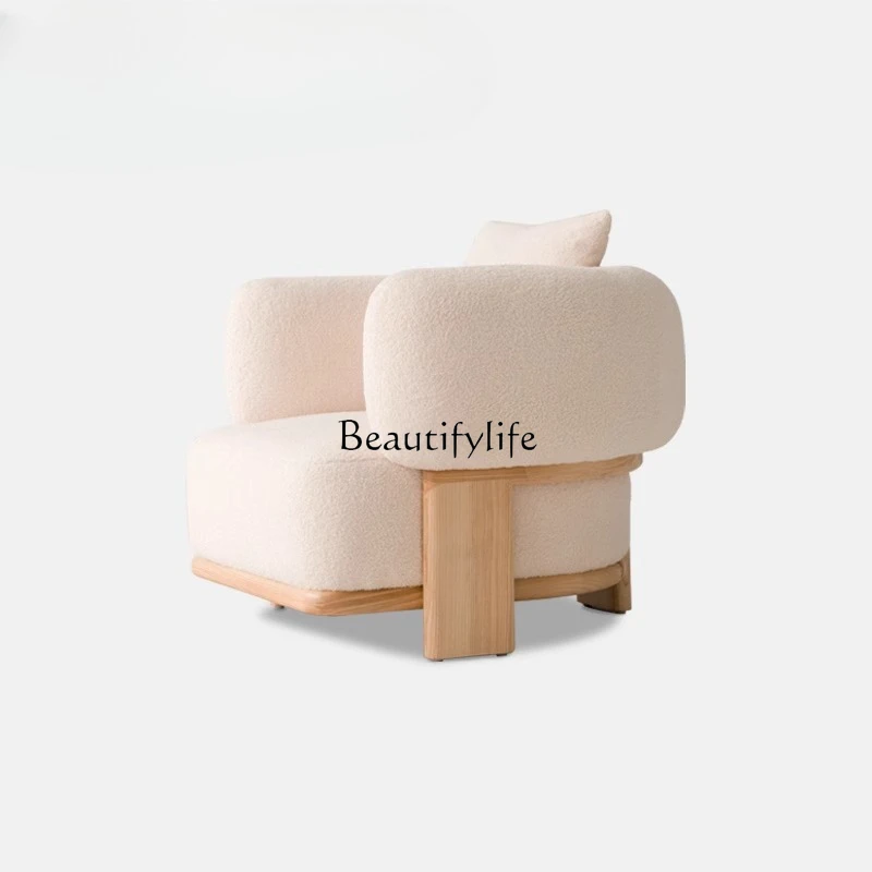 

02Minimalist Designer Balcony Single Sofa Chair Arlani Cream Wind Lamb Fleece Lounge Chair