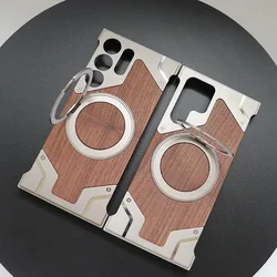 For Samsung Galaxy S24Ultra S25 Funda S23Ultra Phone Case Walnut Wood Luxurious Metal Magsafe Wireless Charging with Ring Holder