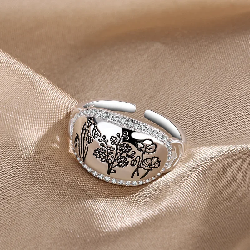 925 Sterling Silver Flower Grass Plants Pattern Rings for Women Wedding Engagement Vintage Fashion Party Jewelry Accessories