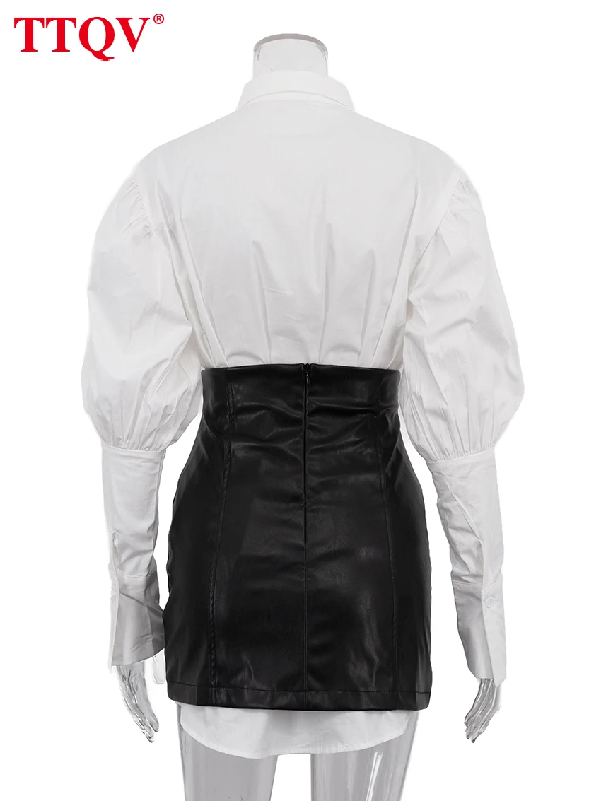 TTQV Fashion Loose White Two Piece Outfits Woman Elegant Long Sleeve Shirt With High Waist Mini Skirt Set Female Streetwear image 6