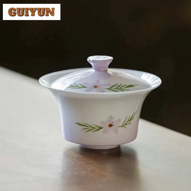 

110ml Hand-painted Purple Flower White Porcelain Gaiwan Vintage Tea Tureen Tea Bowl With Lid Kit Tea Making Cover Bowl Tableware