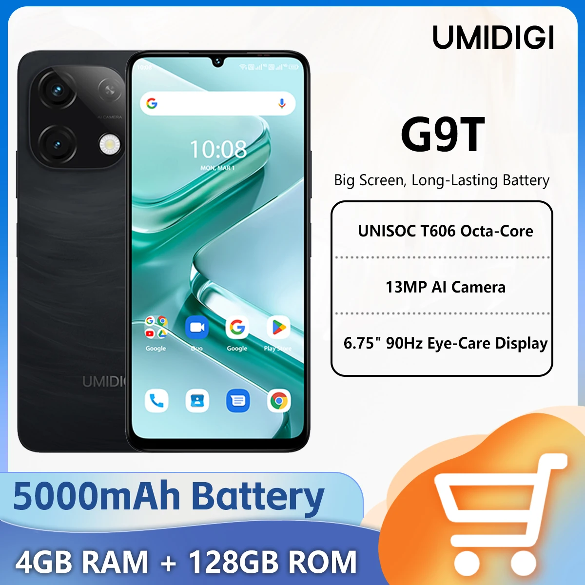 UMIDIGI G9T Android-smartphone UNISOC T606 Octa-Core 4GB RAM + 128GB ROM 6,75” 90Hz HD + display 13MP AI-camera 5000mAh mobiele telefoon