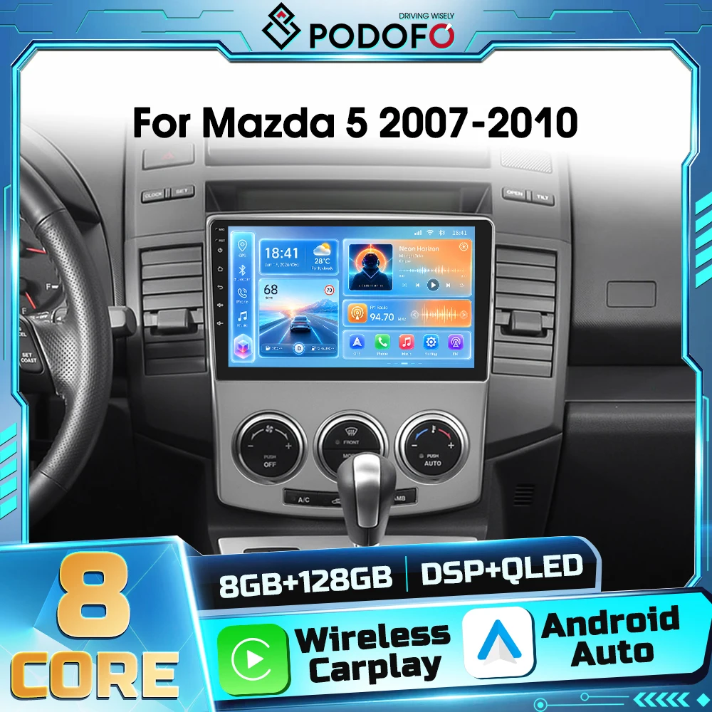Autoradio Android 2din Podofo 8core 8+128G per Mazda 5 2007-2010 con Android Auto, DSP, WIFI, Navigazione GPS, Bluetooth, Carplay Wireless, Autoradio, Ricevitore FM RDS