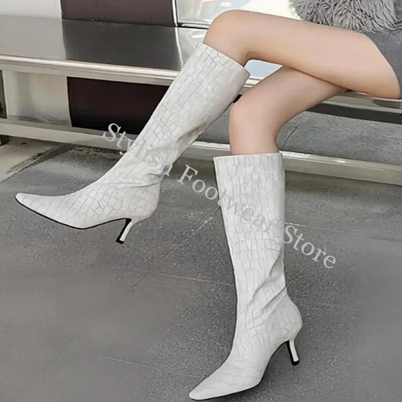 Sexy Kitten Heels Grey White Black Stone Leather Knee Boots Square Toe 7 cm Heel Women Slip On Tube Boots