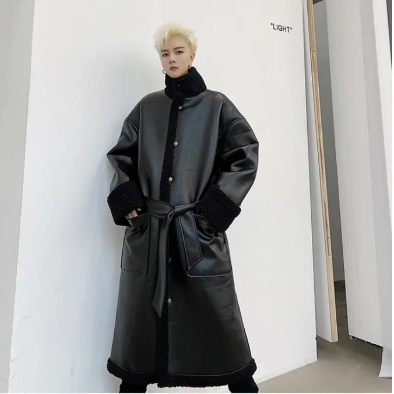 

Men's Long Over-Knee Fur-Trimmed Leather Coat Warm Motorcycle PU Leather Windbreaker Faionable Urban Sle Winter Coat
