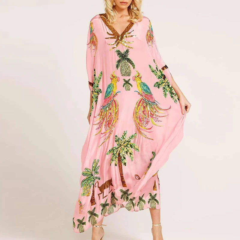 Casual Long Sleeve Bohemian Beach Dress 2025 Women Elegant V-neck Loose Party Dress Fashion Pattern Printed Pullover Long Dress