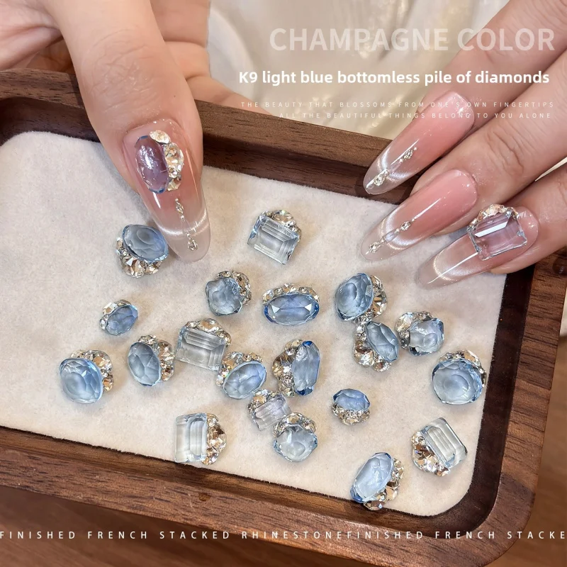 6PCS Sparkly K9 Glacier Blue Pigeon Egg Flatback Rhinestones Transparent Rock Candy Chunky Square Nail Art Stack Rhinestones