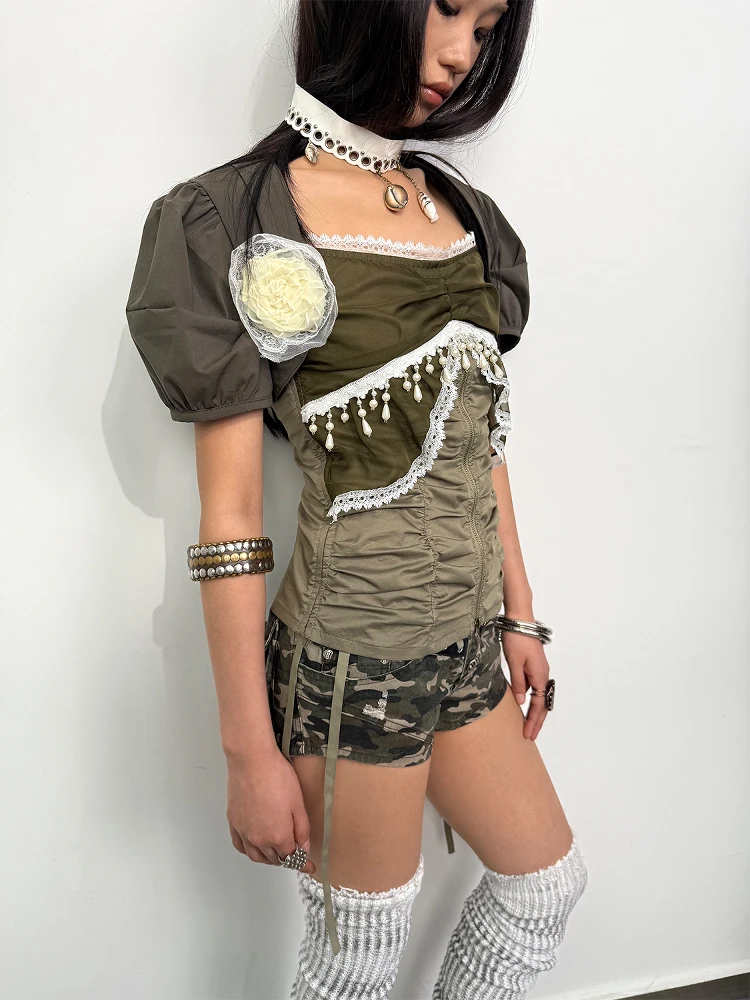 

Комплект DoublePunch: Оригинальный летний костюм-двойка из шифона и кружева с богатой отделкой, эластичный, приталенный крой