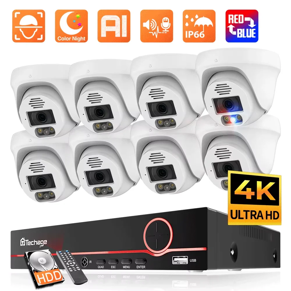Techage 8CH 8MP 5MP HD Security Camera NVR System Indoor 4K Face Detection Color Night Vision Surveillance IP Camera Set Onvif