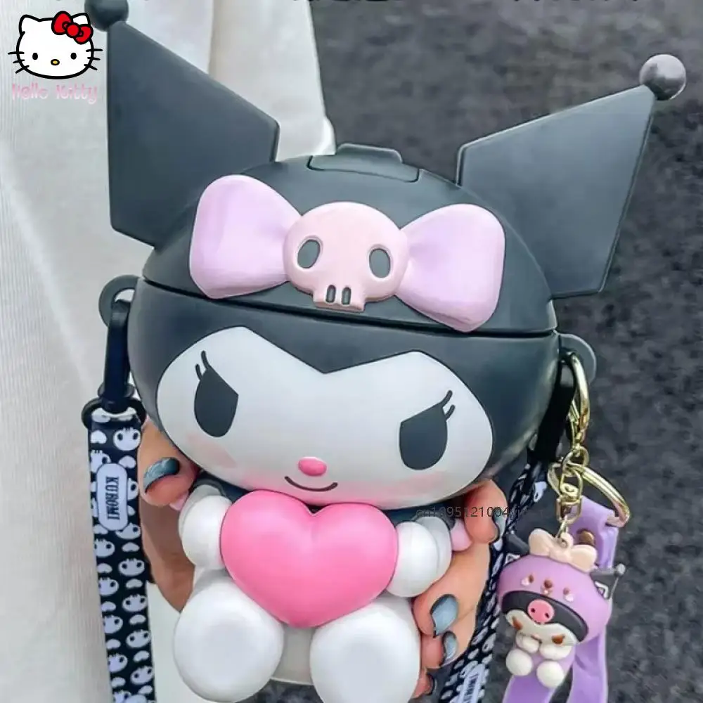 

Sanrio Children's Straps Water Cup 650Ml Kuromi Kawaii Cartoon Student Plastic Cup Silicone Straw Portable Girls Water Bottle