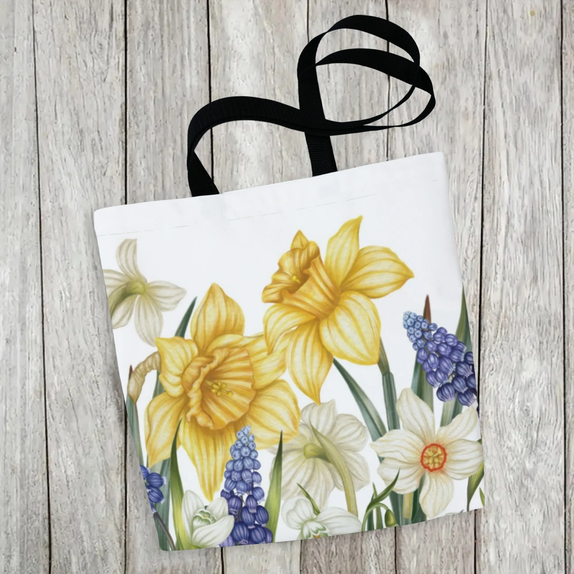 النرجس البري والعنب صفير Aficionado حقيبة تسوق قماشية للنساء الأزهار موضوع قابلة لإعادة الاستخدام حقيبة تسوق مثالية لمحبي فن الحديقة