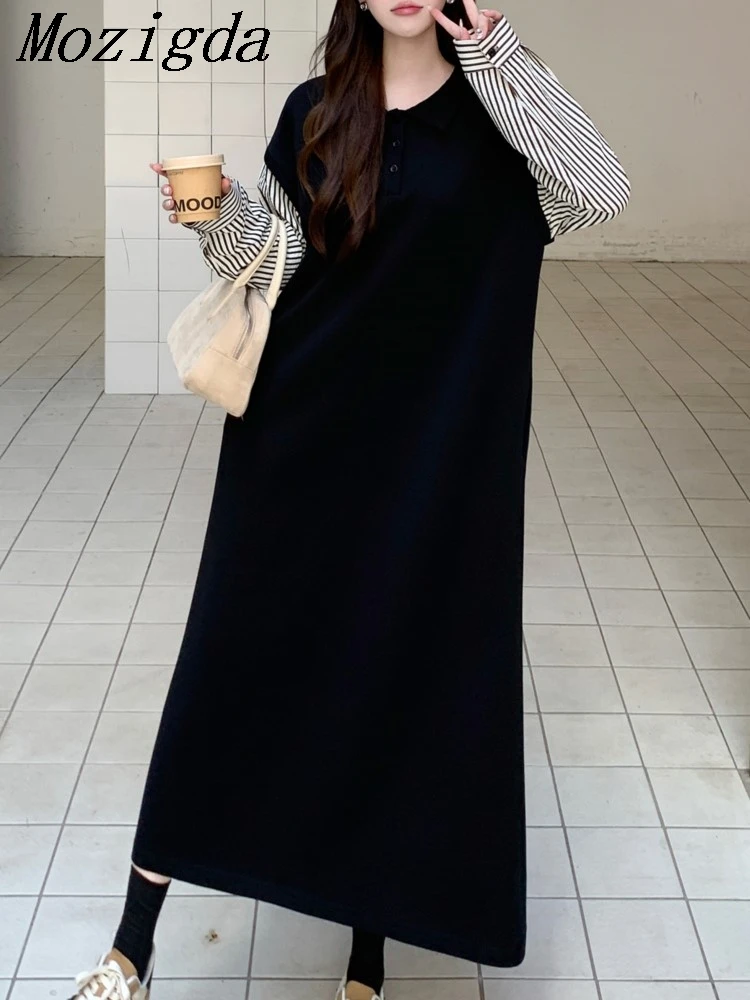 

Плюс размер, осенне-зимнее лоскутное хлопковое платье, женское корейское свободное полосатое платье с длинными рукавами, женские платья, Vestidos