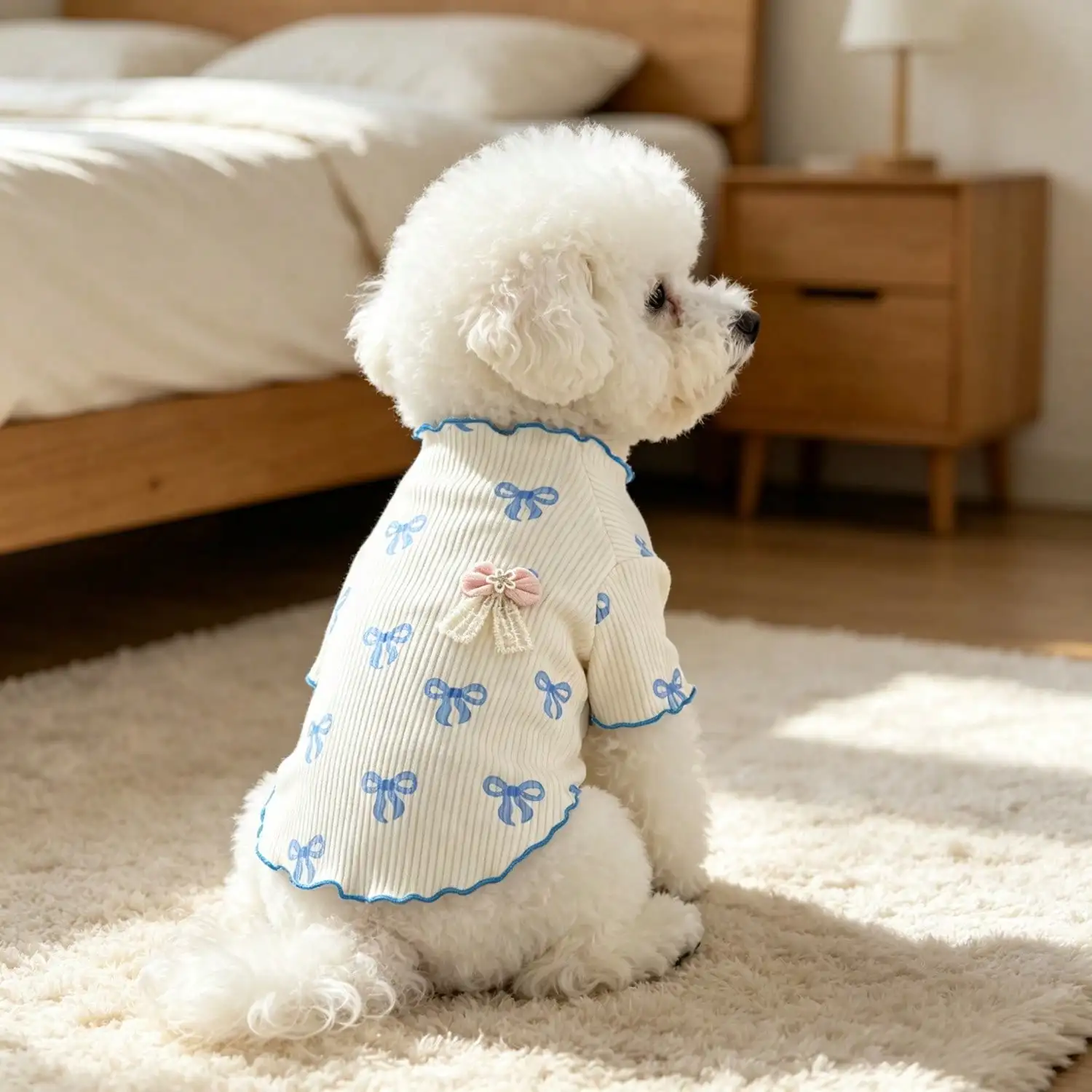 Niedliches Hundet-Shirt mit Schleifendruck und Rüschen, Weiches Geripptes Kurzarm-Oberteil mit Spitzenschleifendekor für Welpen Kleiner Rassen wie Bichon und Teddy – Detail 3