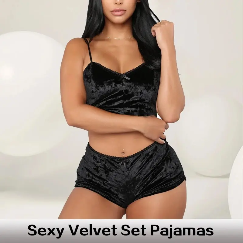 Women Sexy Strappy Pajama Set Women\'s Velvet Polyester Comfortable V-neck Underwear Home Clothes 2 Piece Sleeveless