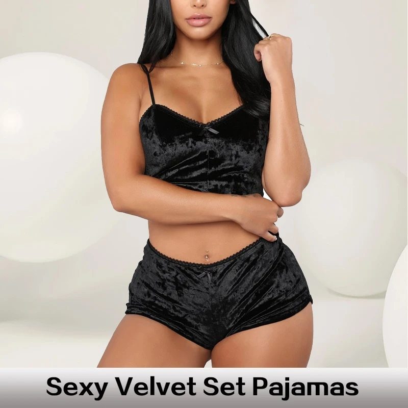  Women Sexy Strappy Pajama Set Women's Velvet Polyester Comfortable V-neck Underwear Home Clothes 2 Piece Sleeveless