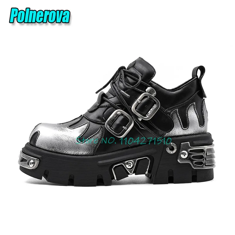 

Trendy Flame Design Short Boots for Women Patchwork Leather Metal Buckle Platform Lace-Up Pumps Punk Y2K Thick Soled Shoes