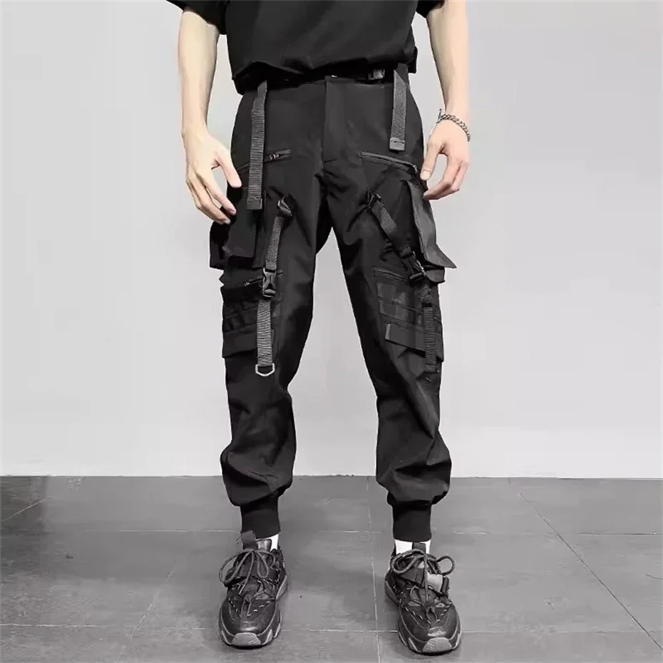 Pantalones Cargo tácticos de Hip Hop para hombre, pantalones para correr con cintas, cintura elástica funcional, ropa de calle a la moda, primavera 2025