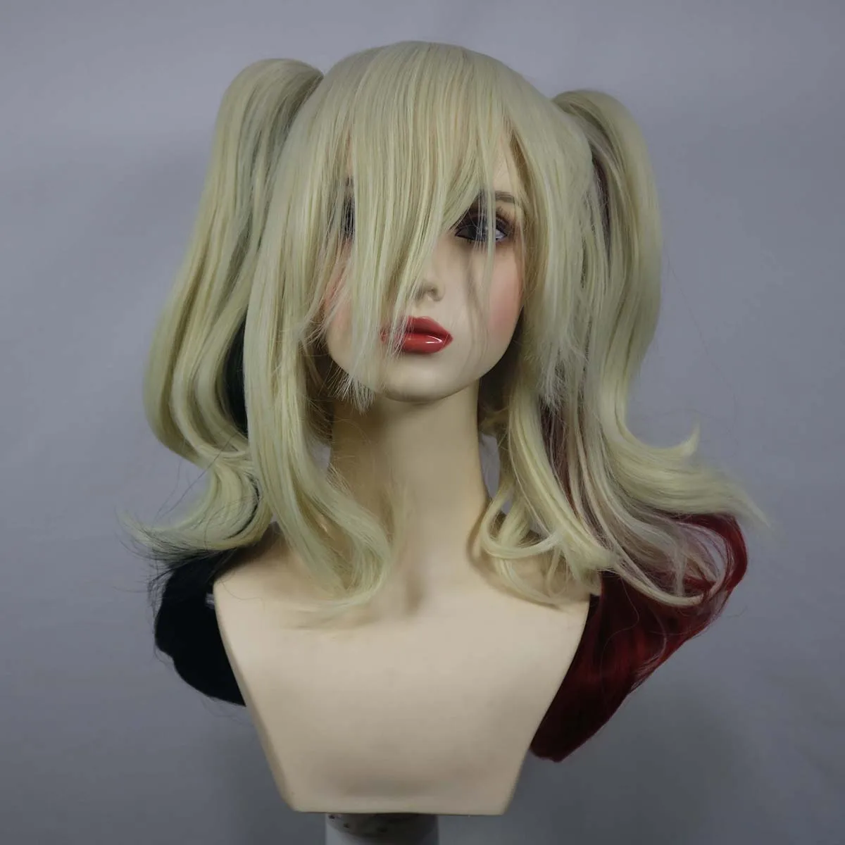 Harley Quinn Cosplay Wig Blonde Red Black Gradient Twin Ponytail Heat Resistant Synthetic Hair Halloween Carnival Party Props view 5