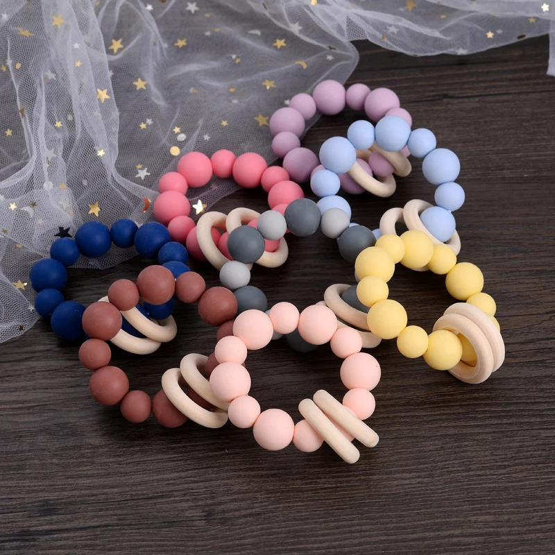 Baby Nursing Bracelets Teether Toys Silicone Beads Wooden Beech Ring Beads Teething Wood Rattles Fidget Toys Newborn Accessories