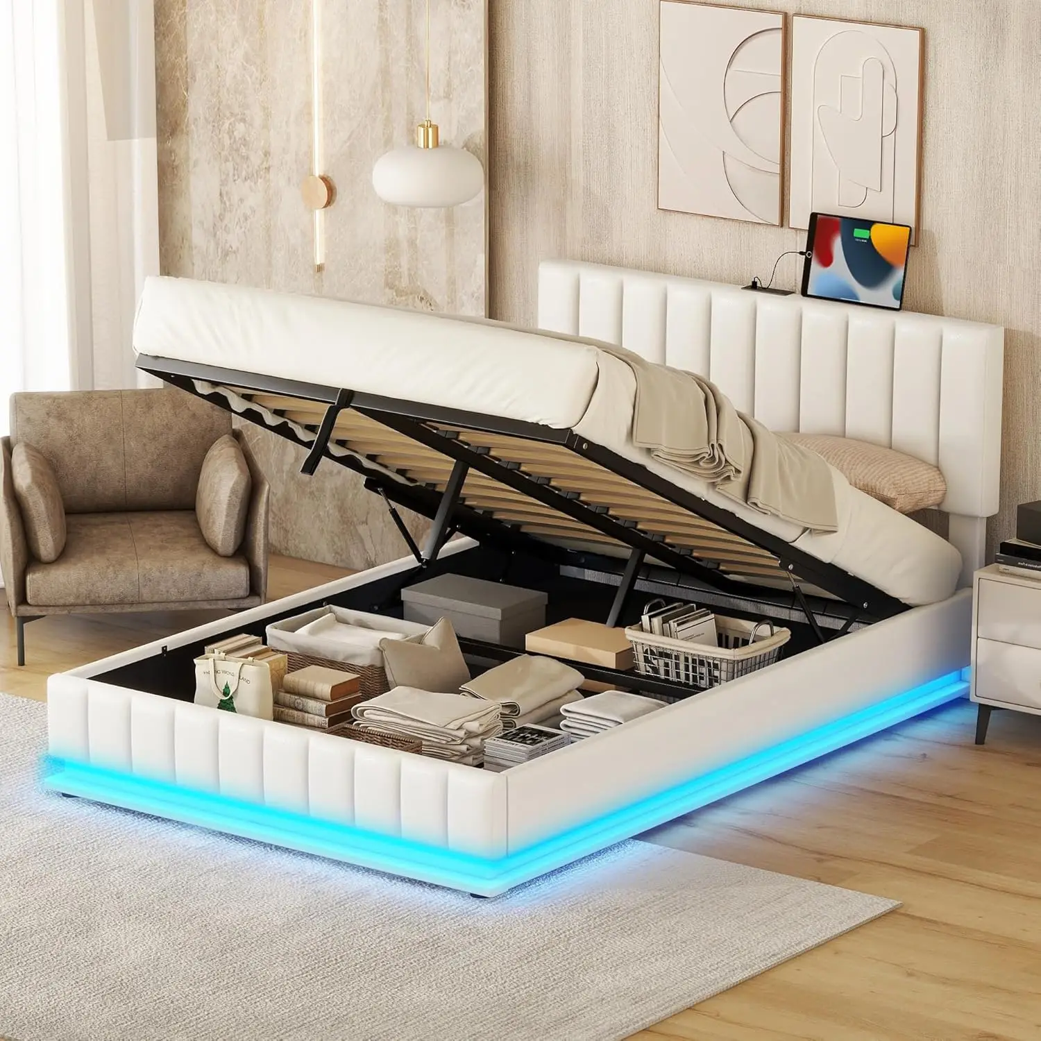 Full Size Lift Up Storage Bed Frame With Led Lights, Sockets And Usb Ports, Full Platform Bed With Hydraulic Storage System, Pu