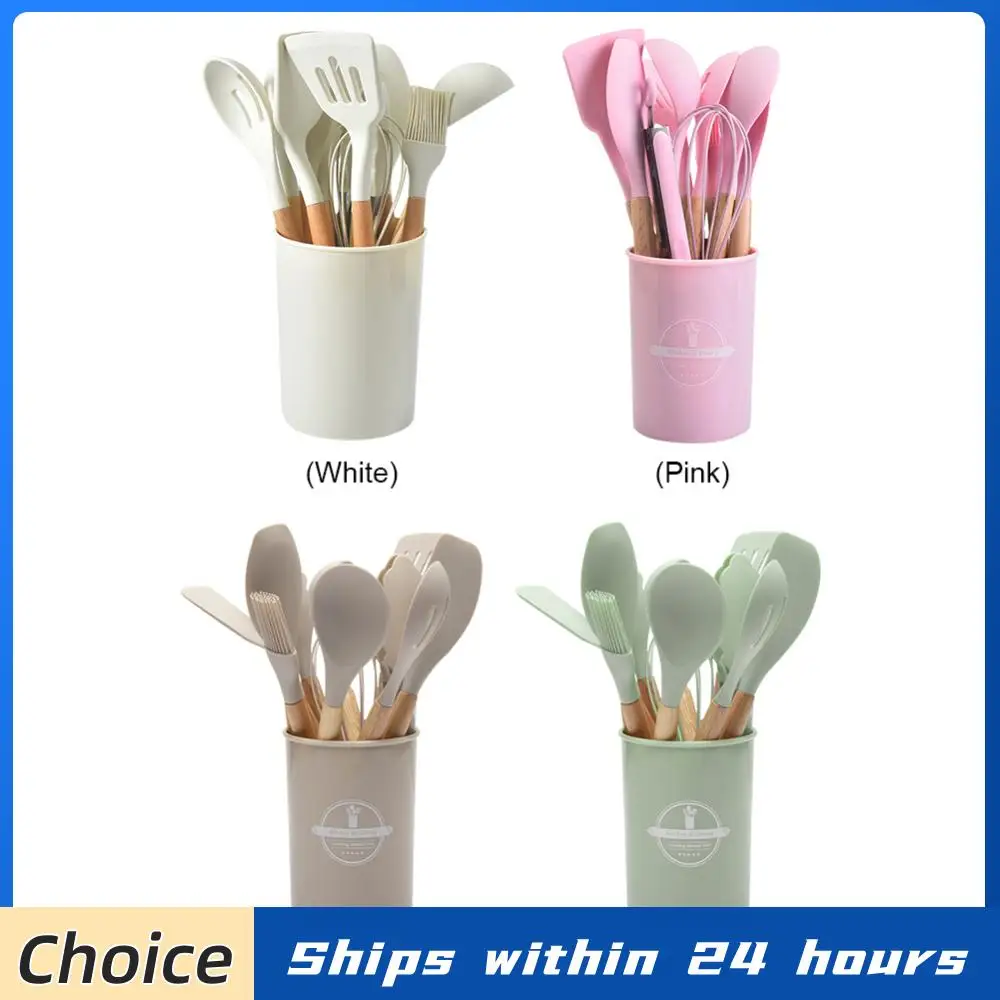12Pcs Kitchen Utensil Set Cooking Tools Kit Wooden Handle Heat-Resistant Cookware Spatula Spoon Brush Whisk for Home Kitchen